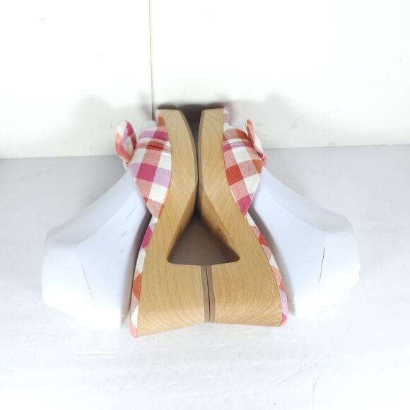 J. Crew Women's US7,5 Multicolor Plaid Printed Bow Wooden Heels Mules Sandals Nw - Picture 11 of 14